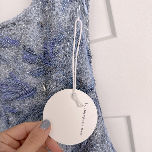 STAUD Le Sable Hand Beaded Mini Dress Periwinkle Floral Blue NEW with tags - Picture 5 of 6